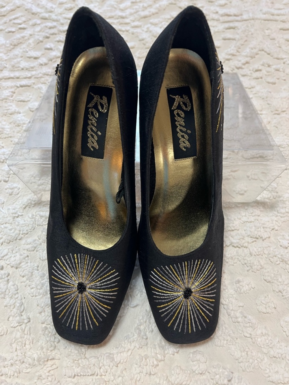 Black Embroidered Starburst Heels